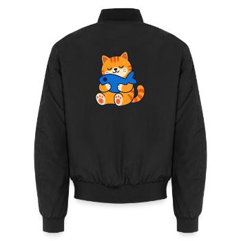 Orangefarbene getigerte Katze umarmt ein Fischkissen - Unisex Bomberjacke - Schwarz - Hinten - AI Model Male 185 light (185cm)