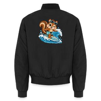 Surfendes Streifenhörnchen – Stickmotiv Optik  - Unisex Bomberjacke - Schwarz - Hinten - AI Model Male 185 light (185cm)