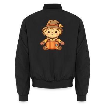 Cartoon-Vogelscheuche mit einem kleinen Vogel auf dem Hut - Unisex Bomberjacke - Schwarz - Hinten - AI Model Male 185 light (185cm)