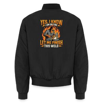 Ja, ich weiß, ich brenne – Schweißer-Schweiß-Humor - Unisex Bomberjacke - Schwarz - Hinten - AI Model Male 185 light (185cm)