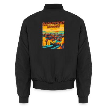 City Basingstoke Hampshire Retro Travel Poster - Unisex Bomberjacke - Schwarz - Hinten - AI Model Male 185 light (185cm)