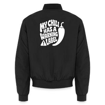 This Chilli Needs a Warning Label – Scharf - Unisex Bomberjacke - Schwarz - Hinten - AI Model Male 185 light (185cm)