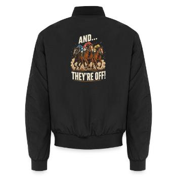 Und los Galoppstart – Pferderennen Motiv - Unisex Bomberjacke - Schwarz - Hinten - AI Model Male 185 light (185cm)