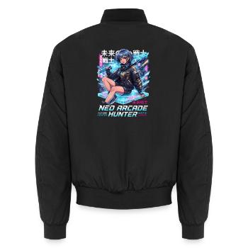 Neo Arcade Jägerin: Zukunftskämpfer - Unisex Bomberjacke - Schwarz - Hinten - AI Model Male 185 light (185cm)