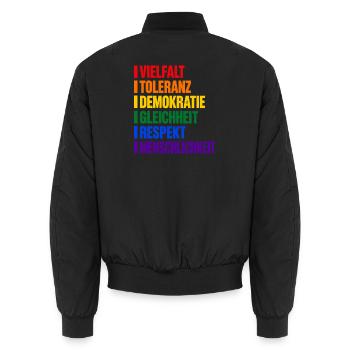 Vielfalt und Toleranz – Werte in Regenbogenfarben - Unisex Bomberjacke - Schwarz - Hinten - AI Model Male 185 light (185cm)
