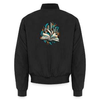 Bücherwelten – Skyline aus offenem Buch - Unisex Bomberjacke - Schwarz - Hinten - AI Model Male 185 light (185cm)