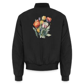 Aquarell-Tulpenbouquet-Schrift - Unisex Bomberjacke - Schwarz - Hinten - AI Model Male 185 light (185cm)
