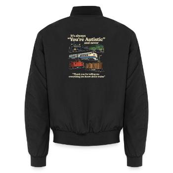 Zugfakten Spezialinteresse – lustiger Eisenbahnfan-Humor - Unisex Bomberjacke - Schwarz - Hinten - AI Model Male 185 light (185cm)