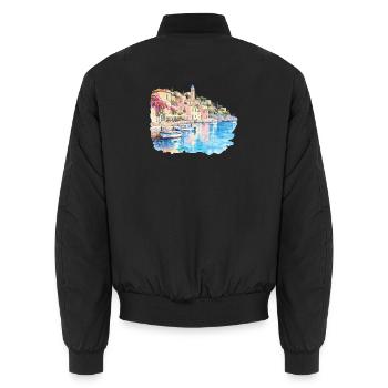 Mediterranes Hafenviertel Aquarell - Unisex Bomberjacke - Schwarz - Hinten - AI Model Male 185 light (185cm)