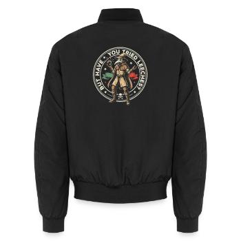 Aber hast du es schon mal mit Blutegel-Seuchen-Arzt versucht? - Unisex Bomberjacke - Schwarz - Hinten - AI Model Male 185 light (185cm)