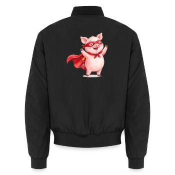Heldenschwein mit Cape und roter Maske - Unisex Bomberjacke - Schwarz - Hinten - AI Model Male 185 light (185cm)