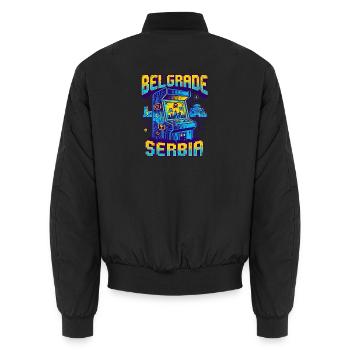 Retro Arcade Gamer Belgrade Serbia Skyline - Unisex Bomberjacke - Schwarz - Hinten - AI Model Male 185 light (185cm)