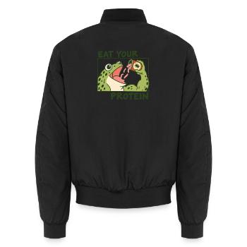 Lustig: Eß deinen Protein-Gym-Frosch - Unisex Bomberjacke - Schwarz - Hinten - AI Model Male 185 light (185cm)