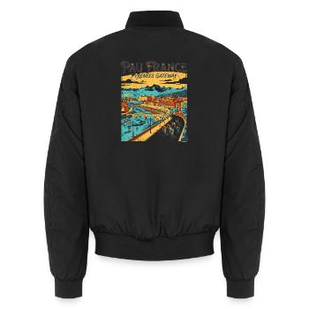 Vintage Pau France Pyrenees Gateway Travel Poster - Unisex Bomberjacke - Schwarz - Hinten - AI Model Male 185 light (185cm)