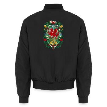 Wales | Drache, Lauch & Narzissen - Unisex Bomberjacke - Schwarz - Hinten - AI Model Male 185 light (185cm)