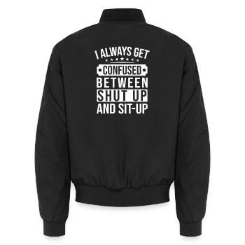 Gym Junkies Confused Shut Up & Sit Up Calisthenics - Unisex Bomberjacke - Schwarz - Hinten - AI Model Male 185 light (185cm)