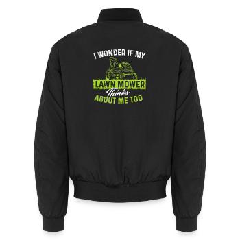 Ich frage mich, ob mein Rasenmäher auch an mich denkt - Unisex Bomberjacke - Schwarz - Hinten - AI Model Male 185 light (185cm)