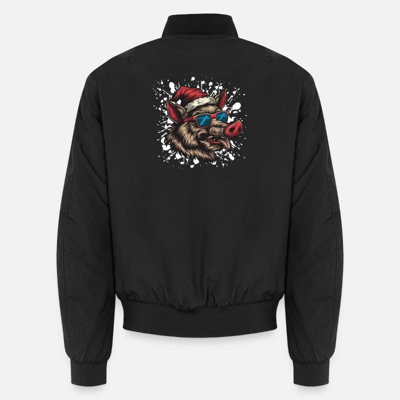 Pig Christmas Funny Wild Boar - Unisex Bomber Jacket - black