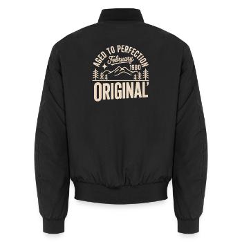 February 1980 – Legend of the Peaks and Mountains - Unisex Bomber Jacket - black - Back - AI Model Male 185 light (185cm)