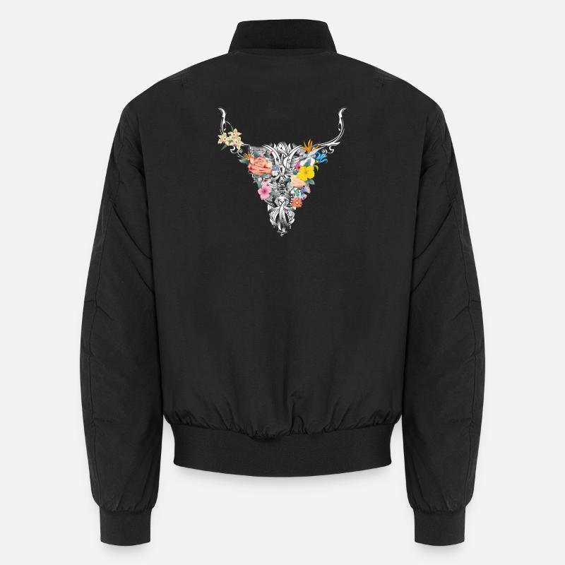 aufwendig gestalteter floraler Stier Schädel Unisex Bomberjacke