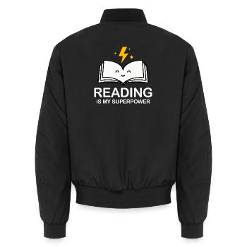 La lecture est mon super-pouvoir | Chemise d’amoureux des livres - Bomber unisexe - noir - Dos - AI Model Male 185 light (185cm)