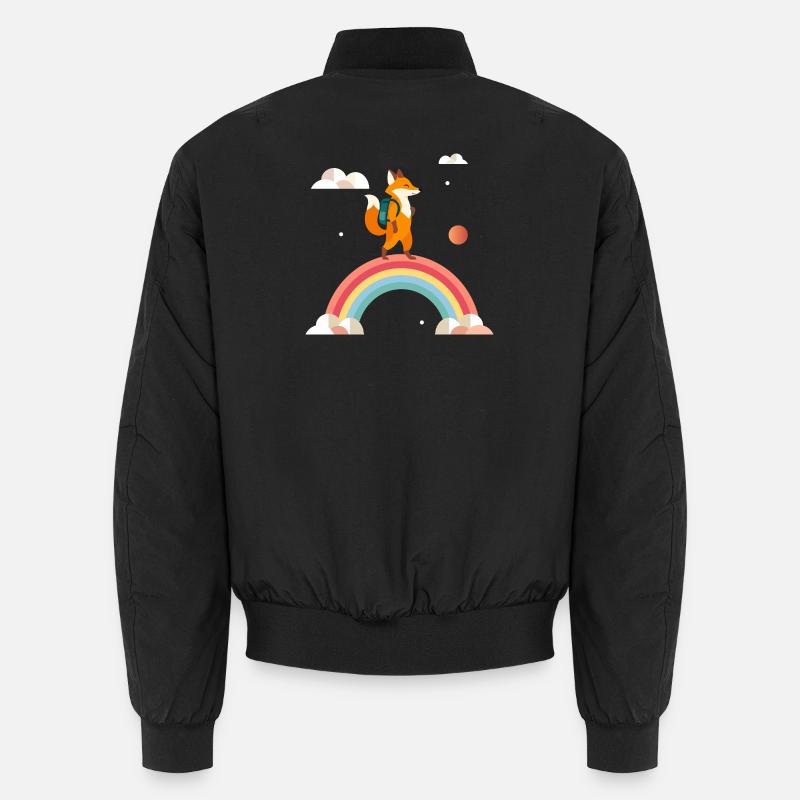 Fröhlicher Fuchs mit Rucksack auf Regenbogen Unisex Bomberjacke
