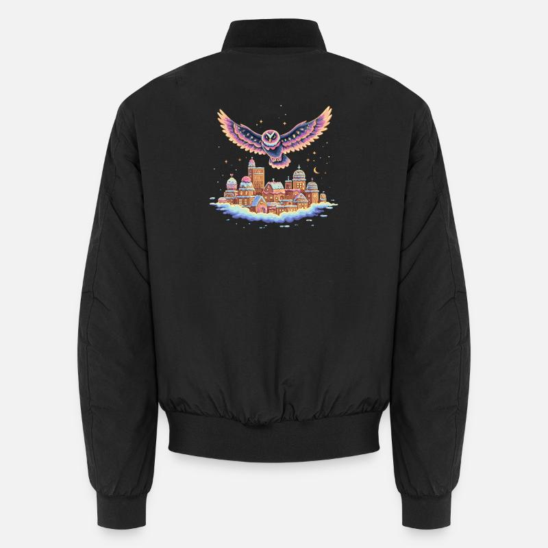 Pastell-Eulenflug über Wolkenstadt Unisex Bomberjacke