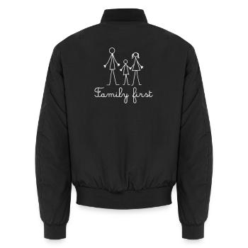 Familie zuerst – Süßes Strichmännchen-Weiß - Unisex Bomberjacke - Schwarz - Hinten - AI Model Male 185 light (185cm)