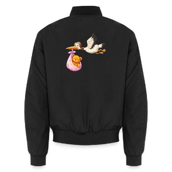 Petite fille cigogne avec cadeau en nounours en tissu - Bomber unisexe - noir - Dos - AI Model Male 185 light (185cm)