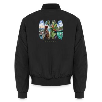 Panama Vacation Travel – Canal City & Culture Motif - Unisex Bomber Jacket - black - Back - AI Model Male 185 light (185cm)