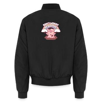 Cute Pig Playing In Mud Don't Worry Be Happig - Unisex Bomber Jacket - black - Back - AI Model Male 185 light (185cm)
