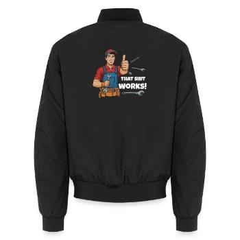 Werkstattheld Spruchdesign, That shit works! - Unisex Bomber Jacket - black - Back - AI Model Male 185 light (185cm)