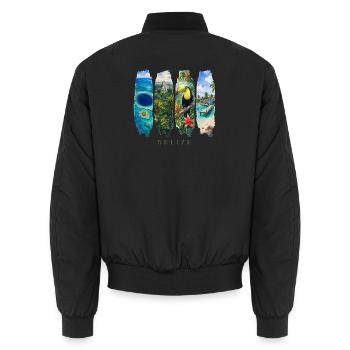 Belize Vacation Travel – Caribbean Country & Culture Motif - Unisex Bomber Jacket - black - Back - AI Model Male 185 light (185cm)