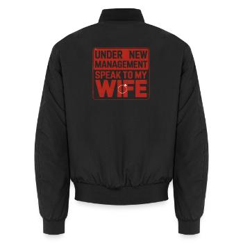 Under new management saying wife wedding - Unisex Bomber Jacket - black - Back - AI Model Male 185 light (185cm)