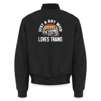 Only A Boy Who Loves Trains Retro Vintage - Unisex Bomber Jacket - black - Back - AI Model Male 185 light (185cm)