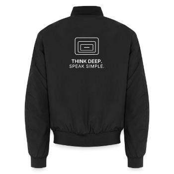 DENK TIEF. SPRICH EINFACH. – Tiefenebene Weiß - Unisex Bomberjacke - Schwarz - Hinten - AI Model Male 185 light (185cm)
