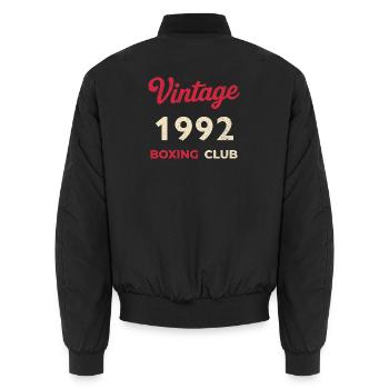 Retro font "Vintage 1992 – Boxing Club" in used - Unisex Bomber Jacket - black - Back - AI Model Male 185 light (185cm)