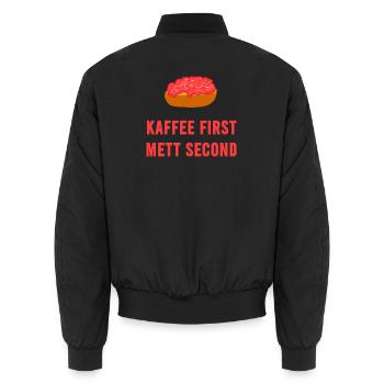 Coffee first Mett second Breakfast Mettbrötchen - Unisex Bomber Jacket - black - Back - AI Model Male 185 light (185cm)