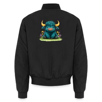 Blauer Yak im Blumenmeer - Unisex Bomberjacke - Schwarz - Hinten - AI Model Male 185 light (185cm)
