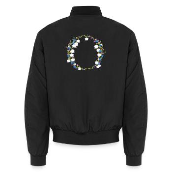 Wreath of lily of the valley, lilac & forget-me-not - Unisex Bomber Jacket - black - Back - AI Model Male 185 light (185cm)