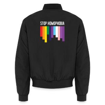 LGBT Pride Month - Stop Homophobia - Unisex Bomber Jacket - black - Back - AI Model Male 185 light (185cm)
