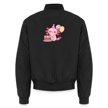 Niedlicher Axolotl mit Geburtstagskuchen und Luftballons - Unisex Bomberjacke - Schwarz - Hinten - AI Model Male 185 light (185cm)