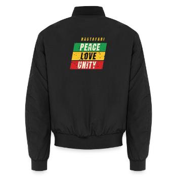 Rastafari Peace Love Unity – Rot Gold Grün - Unisex Bomberjacke - Schwarz - Hinten - AI Model Male 185 light (185cm)