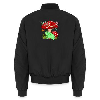 Cute Vintage Cottagecore Frog under Mushroom - Unisex Bomber Jacket - black - Back - AI Model Male 185 light (185cm)