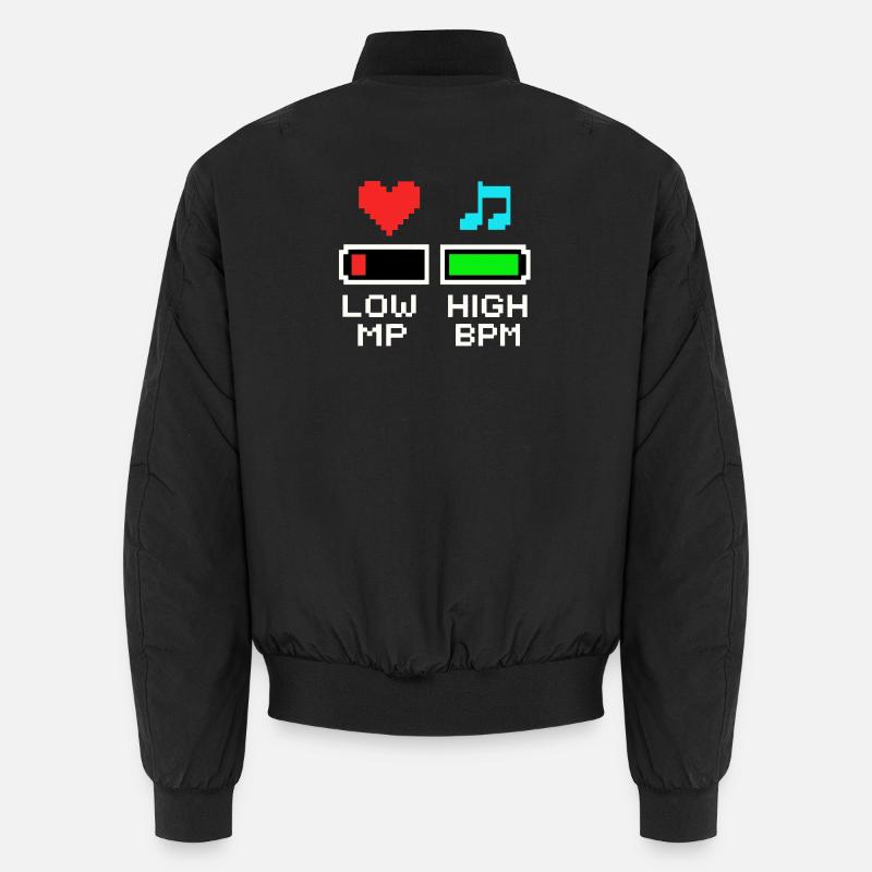 LOW MP HIGH BPM Pixel Art Gaming Music Unisex Bomber Jacket