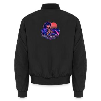 80s Retro Synthwave Bengal Cat - Unisex Bomber Jacket - black - Back - AI Model Male 185 light (185cm)