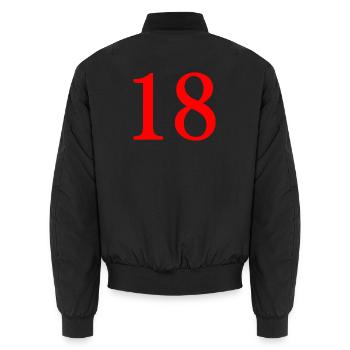 18. 18 YEARS OLD. 18th ANNIVERSARY. 18 BIRTHDAY. - Unisex Bomber Jacket - black - Back - AI Model Male 185 light (185cm)