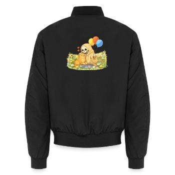 Cozy skeleton with cat on flower meadow - Unisex Bomber Jacket - black - Back - AI Model Male 185 light (185cm)