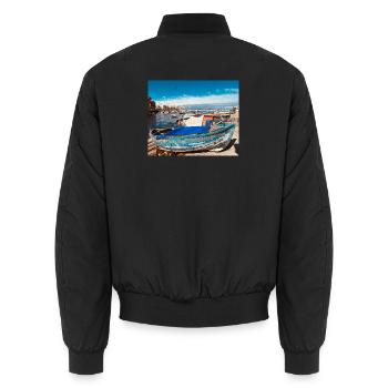 Blue boats in the harbor - Unisex Bomber Jacket - black - Back - AI Model Male 185 light (185cm)