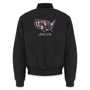 Open 24/7 Since 1776 - Unisex Bomber Jacket - black - Back - AI Model Male 185 light (185cm)